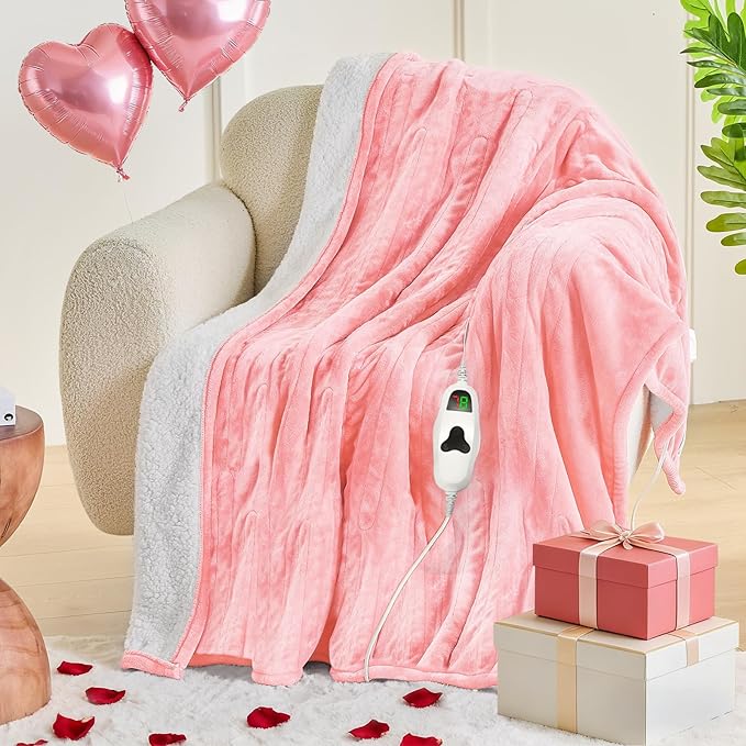 greenoak Heated Blanket Electric Twin 62"X84", Heating Blanket with 10 Heat Levels 1/2/4/6/8 Hours Auto-Off, Soft Flannel Sherpa Warm Heater Christmas Blanket, Light Pink
