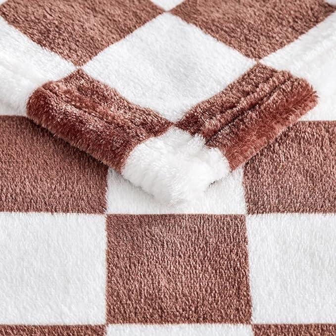 Edenleaf Brown Checkered Blanket, Ultra Soft Cozy Flannel - Checkered Grid Print Throws for Bed Sofa Couch, Luxury Throw Blanket for All Seasons, 50x60 Inch, Brown