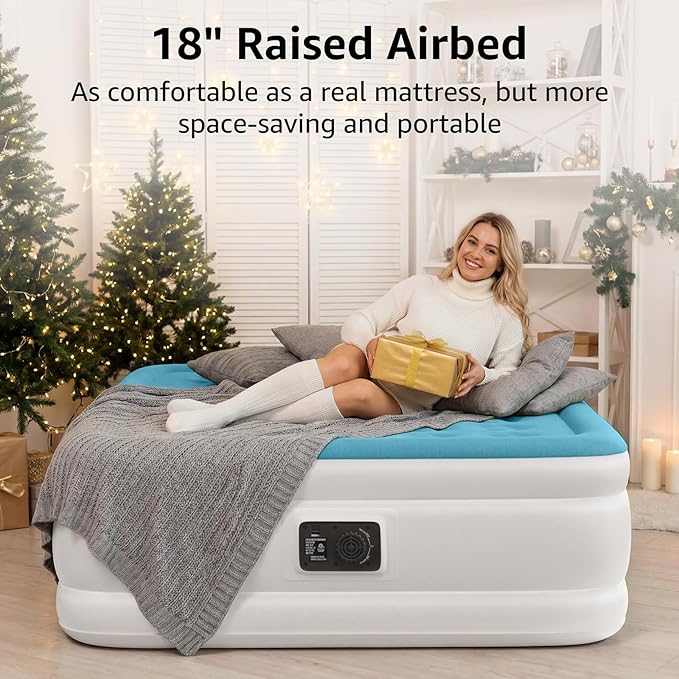 YENING Full Size Air Mattress with Built in Pump Raised Double Blow up Bed Inflatable Camping Airbed Electric 18 Inch Tall Blue