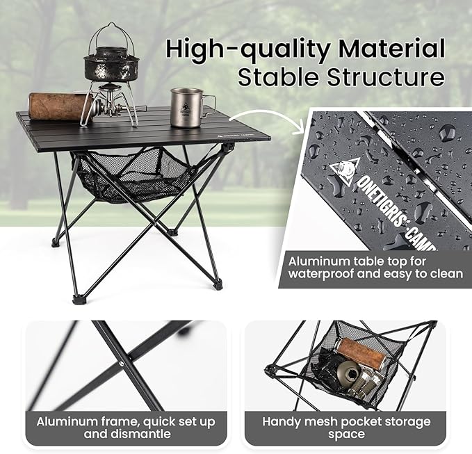 ONETIGRIS Portable Camping Table, Lightweight Beach Table with Storage Net & Carry Bag, Camping Side Table for Outdoor Cooking, Hiking, Fishing, Picnic, Travel