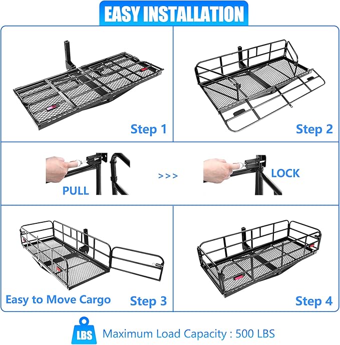 KAIRAY 500 Lbs Heavy Duty Hitch Mount Cargo Carrier 60"x24"x14.4" Folding Rear Luggage Rack Basket Fits 2" Receiver for Car SUV Camping Traveling with Stablizer Waterproof Bag Net Ratchet Straps Lock