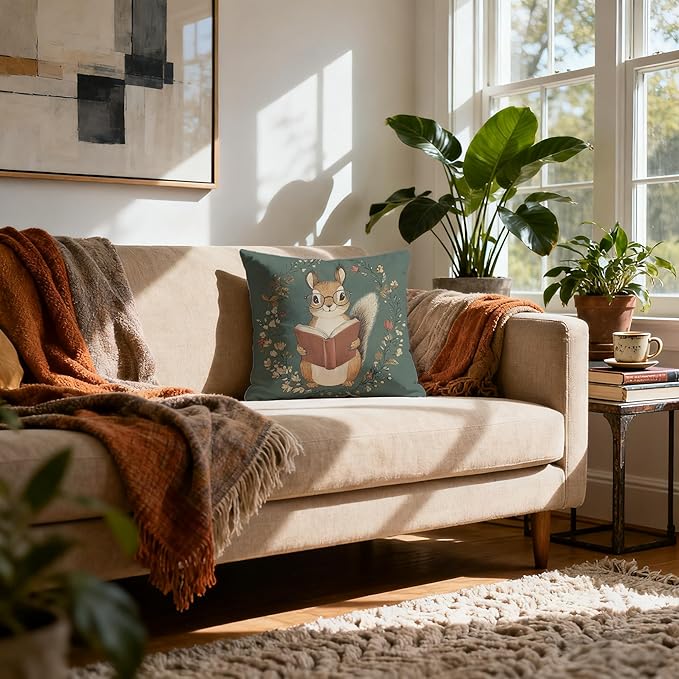 Vintage Bookish Squirrel Pillow Cover 18x18, Book Lovers Bookworm Reader Gifts, Cottagecore Forest Animal Decorative Throw Pillow Cover for Reading Room Nook Corner Home Library Nursery