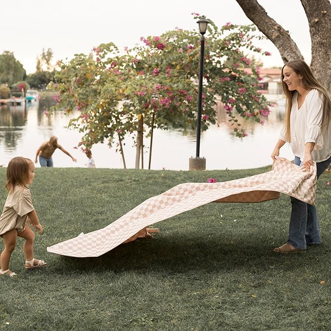 Tiny Twinkle Waterproof Picnic Blanket | 5'x7' 100% Recycled Polyester, Sandproof, Foldable, Portable for Beach, Camping, Travel (Beige Checkers)