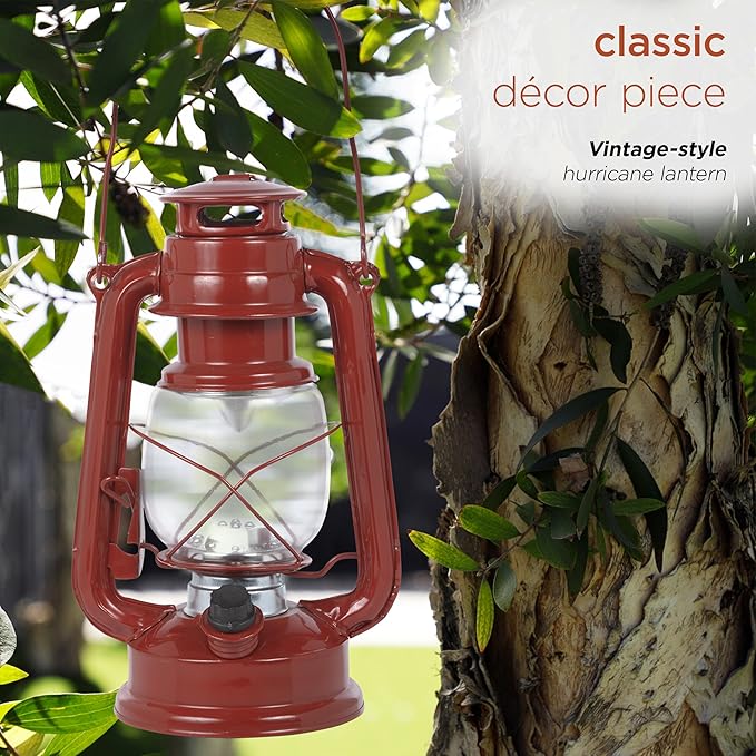 Alpine Corporation 10" H Indoor/Outdoor Metal and Glass Hurricane Lantern with Dimmable LED Lights, Red