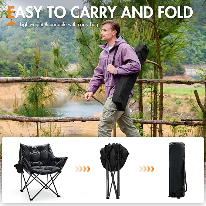 Portal 33" Oversized 2 Pack Padded Camping Chair - Heavy Duty Folding Chair with Cup Holder & Side Pocket, Supports 350 lbs, for Camping, Lawn, Sports, Black