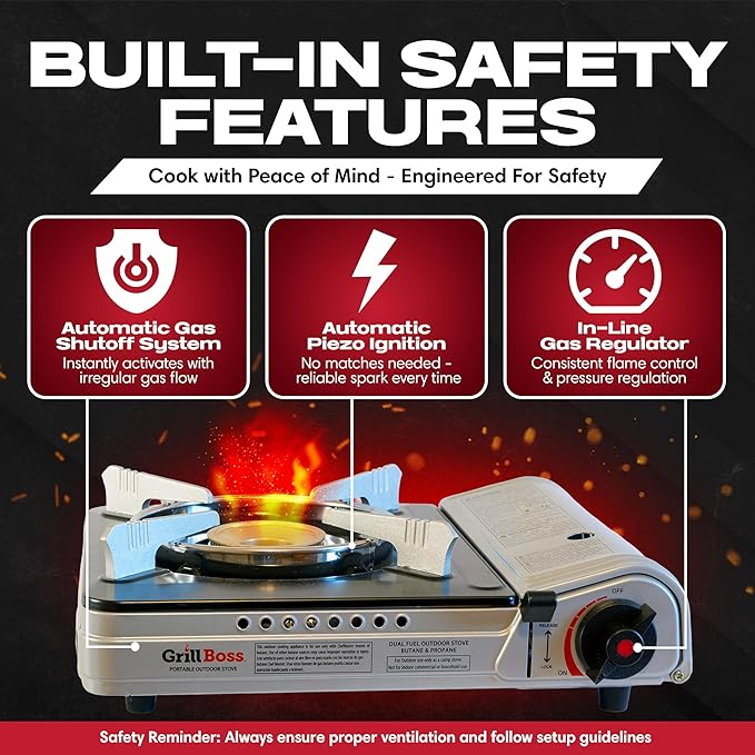 Grill Boss Dual Fuel Camp Stove w/ 4x 8oz Butane Canisters - 12,000 BTU Butane & Propane Portable Stove for Camping, Emergencies, BBQ, Hiking & Backpacking - Double Wind Guard, Piezo Ignition - 90057