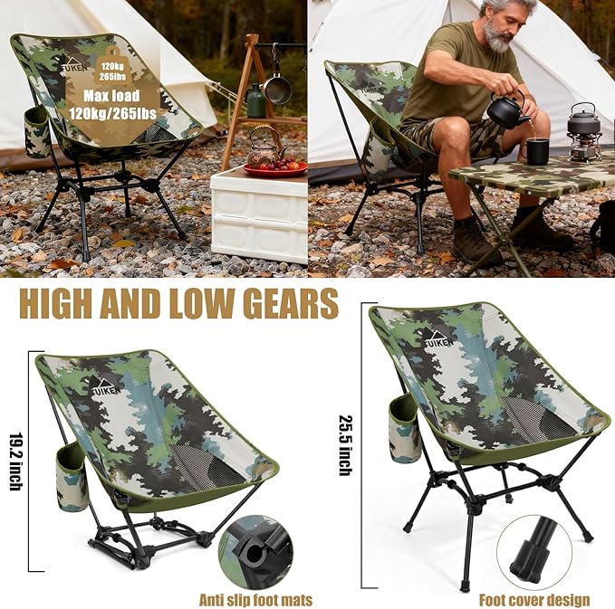Ultralight Camping Chair Backpacking Chair, Portable Camp Chair with Cup Holder & Storage Bag, Lightweight Compact Folding Chair for Hiking, Travel, Picnic Mountaineering (Camo)