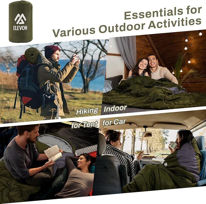 Elevon Sleeping Bag for Adults Teens Kids Cold Warm Weather, Portable Waterproof & Lightweight, Compact with Compression Sack, for 3-4 Seasons Camping, Backpacking, Hiking, Travel, Indoors Outdoors