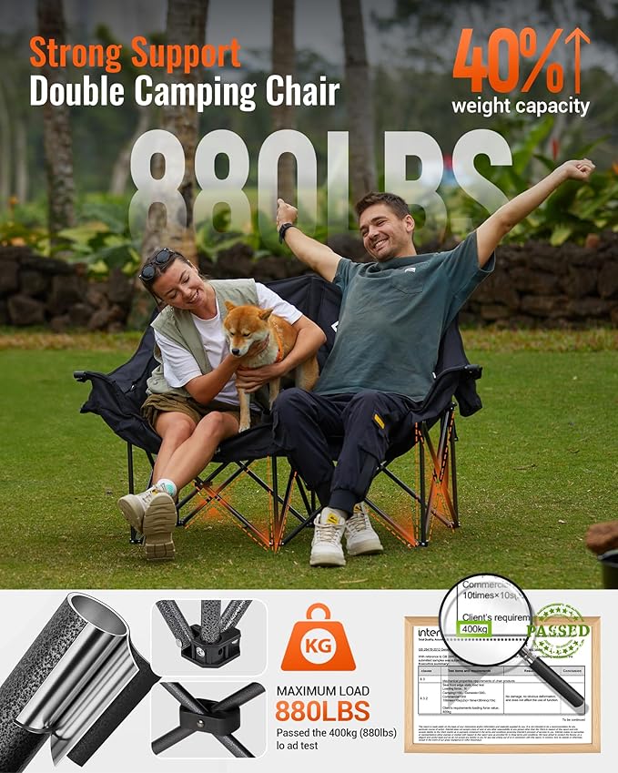 KingCamp Double Camping Chair, Oversized 880lbs Heavy Duty Loveseat for Adults Portable Folding XL 2 Person Couch Padded Comfortable Two Seat with Cup Holder for Outdoor Lawn Backyard, Black