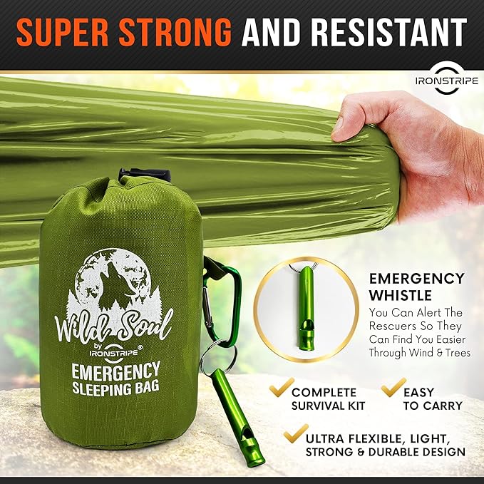 Ironstripe Bivy Sack XL Waterproof Survival Sleeping Bag with Emergency Whistle, Built-in Hood & Thermal Mylar - Tear & Puncture-Resistant