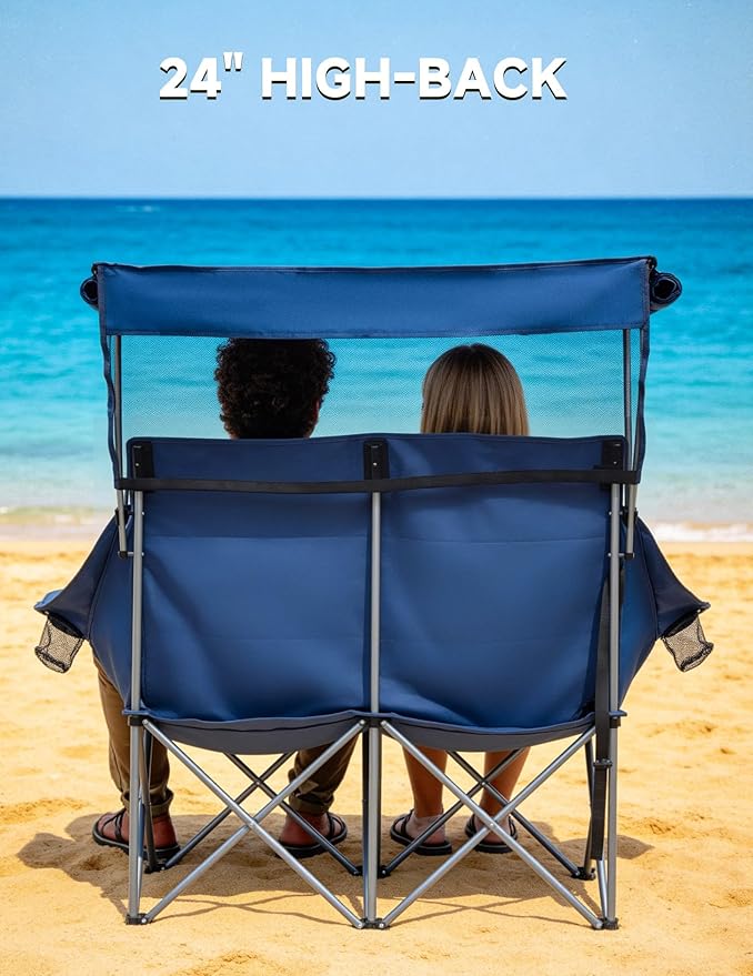 East Oak Double Camping Chair with Canopy | 24" High Back Camping Couch for Adults with 360° Sun Protection, 14.7 lbs Lightweight, 660 lbs Heavy Duty Canopy Chair for Outdoors