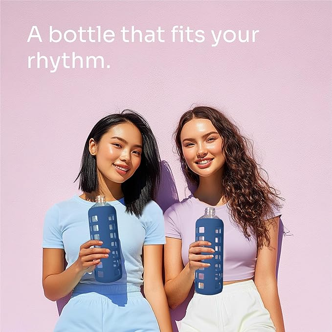 purifyou 40oz / 32oz / 22oz / 12oz Borosilicate Glass Water Bottle with Time & Volume Markers, Silicone Sleeve, Stainless Steel Lid | Reusable Glass Bottle for Water & Juice (40oz Chinese Porcelain)