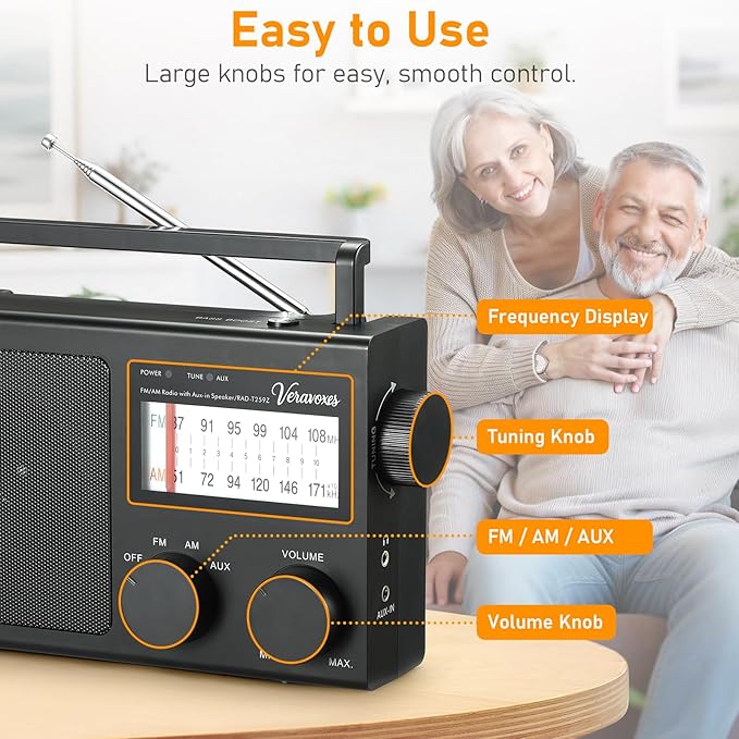 Portable AM/FM Radio with Bass Control, Equipped with a Built-in high-Power Speaker, Headphone Jack, and AUX Audio Input, Supports Battery or AC Power Operation (Black)