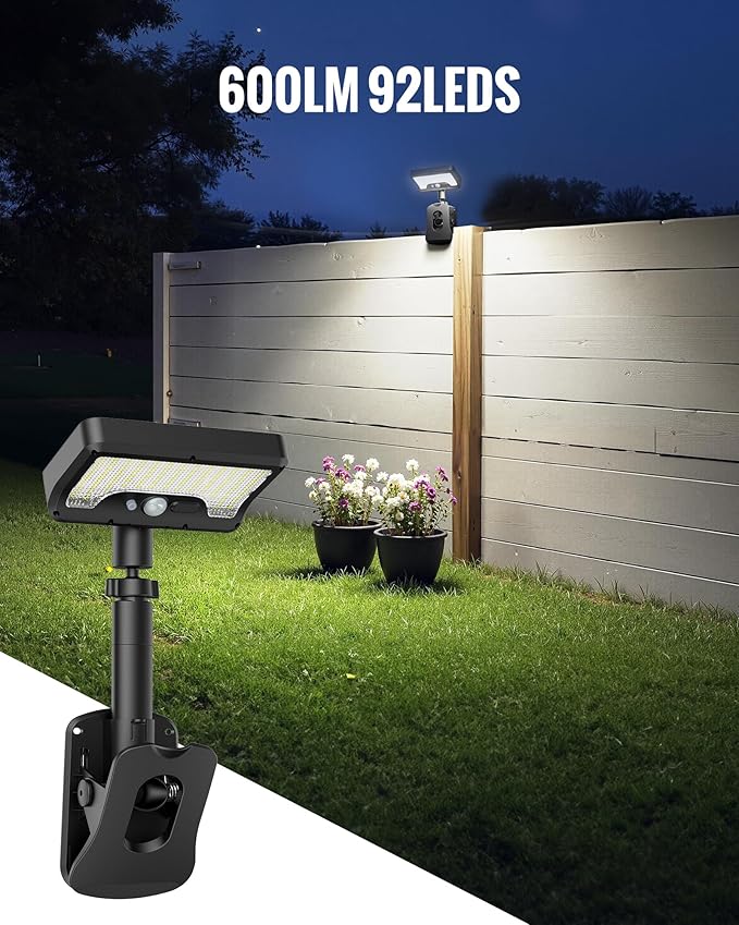 Clip On Solar Lights Outdoor, 92LED 500LM with Type-C Charging, Solar Motion Sensor Security Light, 3 Modes Waterproof Chain Link Fence Lights for Deck, Garden, Gutter, Mailbox, Camping
