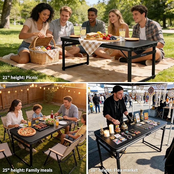4FT x 2FT Folding Camping Table with Aluminum Alloy Legs, Adjustable Height Portable Outdoor Picnic Table for Camping, Travel, Parties, Kids Crafts, and Market Vendor Use