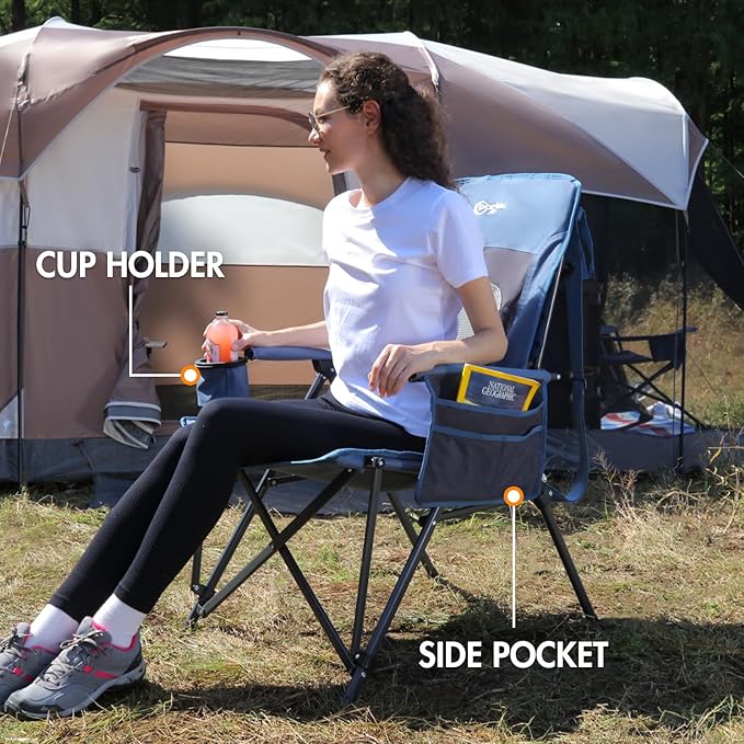 Portal Oversized Folding High Back Portable Lawn Chairs for Adults Outdoor Camp Sports Hunting Fishing Backyard with Hard Armrest Cup Holder Carrying Strap, Supports 400LBS, Blue