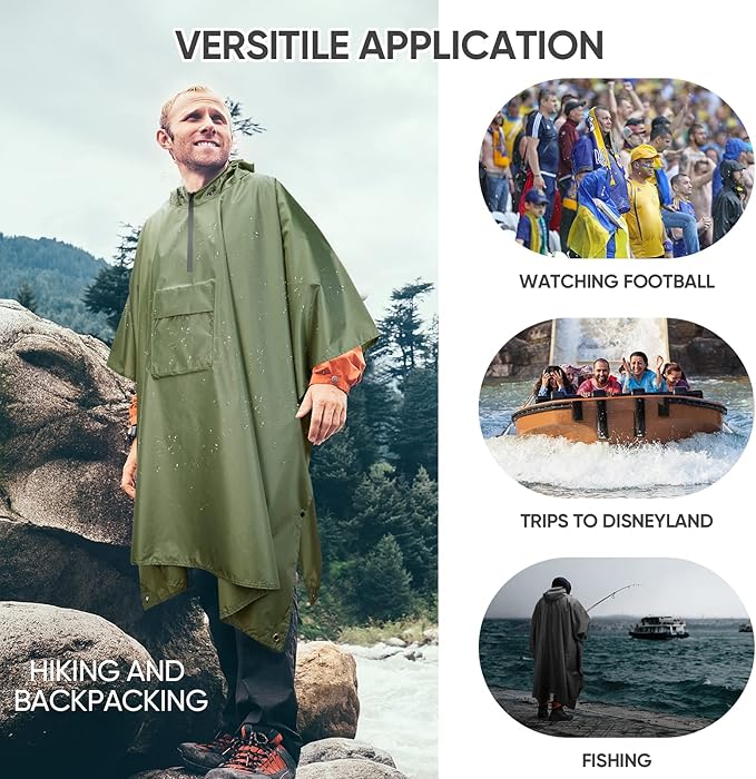 PTEROMY 3-in-1 Hooded Rain Poncho for Adult with Pocket, Waterproof Lightweight Unisex Raincoat for Hiking Camping Emergency
