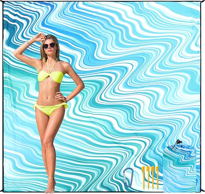 HIHOHO Beach Blanket Waterproof Sandproof Beach Mat for 1-8 Adults Quick Drying Durable Outdoor Picnic Mat for Beach Festival Travel Camping Hiking (Wave-Gradiant BL&GN, 79"×83"(4 Person))