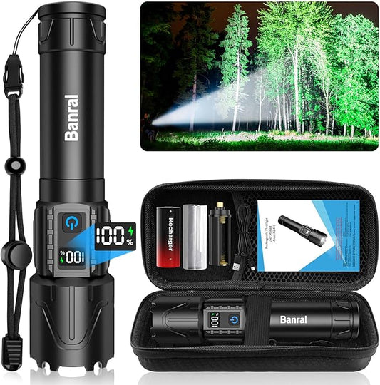 Banral Rechargeable Tactical Flashlights 2000 High Lumens - 5000mAh Super Bright LED Powerful Flash Light, Waterproof Handheld USB C Flashlight for Home,Car,Camping,Emergencies,5 Modes (1, Black)