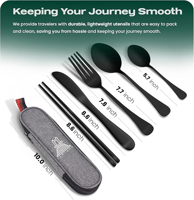 Taplord Portable Travel Silverware Set With Case, Includes 5 Pcs of Travel Utensils With Case, Stainless Steel Flatware Set For Camping, Easy to Travel, Lightweight (Black), Medium, TL-05B