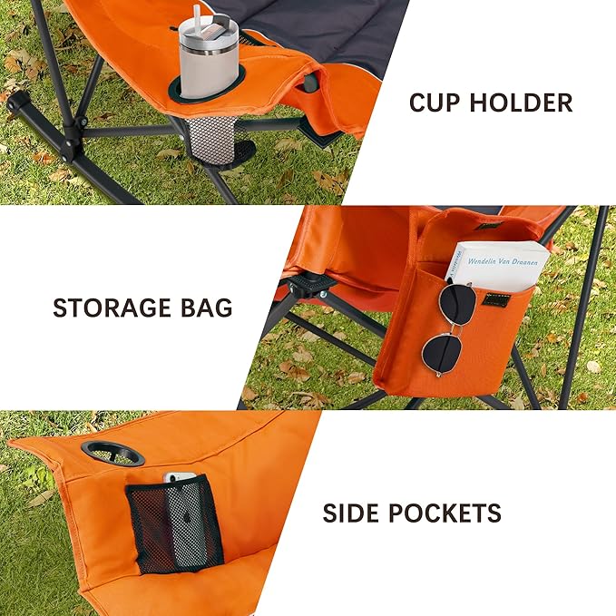 Unisakey Oversized Rocking Camping Chair with Headrest & Cup Holder - 400lbs Capacity, 600D Oxford Fabric, Easy Fold Portable Outdoor Rocker Chair for Camping, Backyard, Beach, Orange