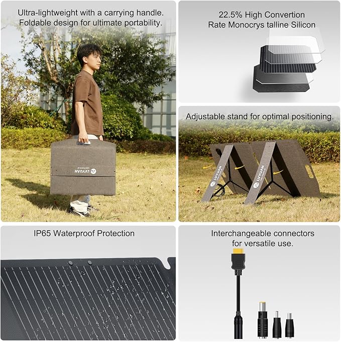 LVYUAN 100W Portable Solar Panel for Power Station, 18.5V Foldable Solar Panel 22.5% Mono Cell with ETFE, IP65 Waterproof with 4-in-1 Adapter Battery Charger for Outdoor Camping Van RV Trip