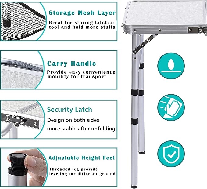 YihuiKo Folding Camping Table with Adjustable Height, 23.6" x 15.8" Portable Lightweight Tables with Aluminum Legs for Outdoor Camp, Picnic, Beach, Backyard, Tailgate Cooking, 3 Heights