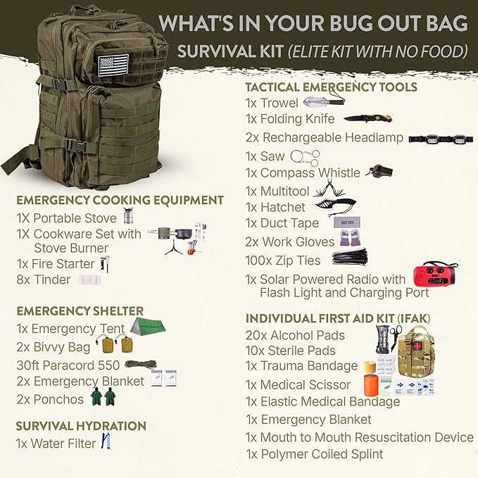 TacPreps 72-Hour Survival Kit | Emergency Bug Out Bag with First Aid, Water Filter, Food, Tools | 45L Tactical Backpack for Camping, Hiking, Outdoor Emergency Preparedness