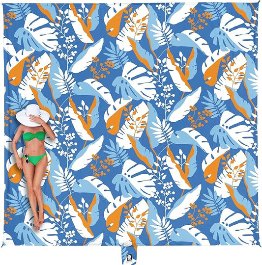 WEKAPO Beach Blanket Waterproof Sandproof Oversized, Extra Large Beach Mat Sand Free, Lightweight & Compact Sand Free Mat with 5 Stakes & 4 Corner Pockets