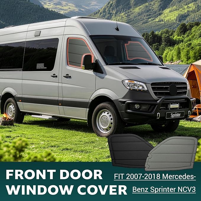 Front Door Window Covers(Pair) for Mercedes-Benz Sprinter 2007-2018 NCV3, Magnetic Insulated Blackout Sunshade, XPE Foam Core, AllSeasonGuard