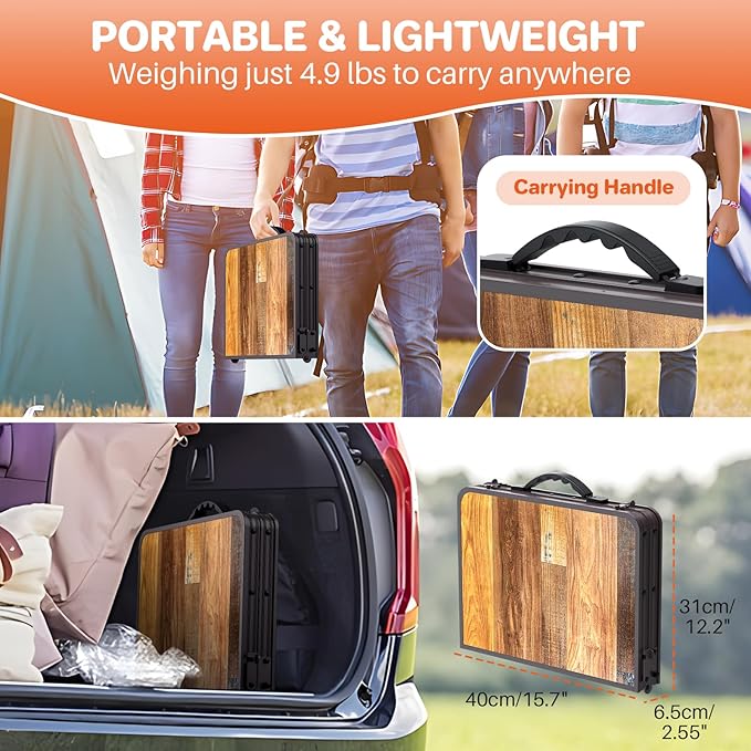 FUNYKICH 2ft Small Folding Camping Table(22.8'' Lx15.7'' W), 3 Height Adjustable Portable Picnic Table, Lightweight Aluminum Outdoor Table with Carry Handle for Camping, BBQ, Beach, Picnic, Brown