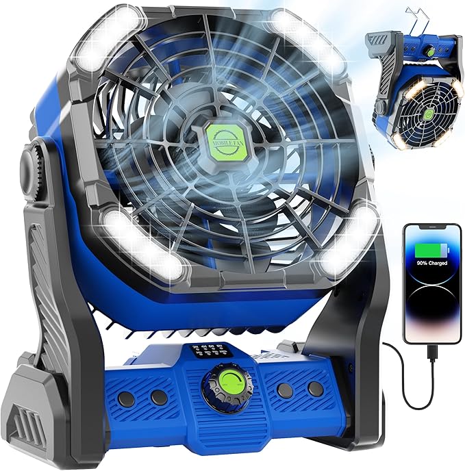 20000mAh Battery Powered Fan Rechargeable,Portable Fan for Travel Battery Operated with LED Lantern,270°Rotation,USB Personal Fans Camping Essentials Gear Tent Cordless Battery Fans Portable X26 Blue