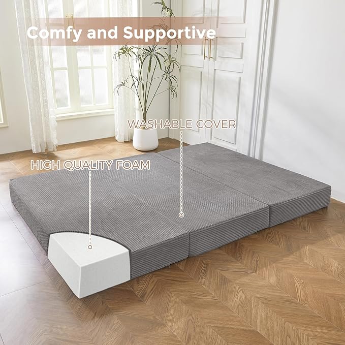 BYBYME Corduroy Tri-Folding Mattress, 6 Inch Gel Folding Mattress Topper, Foldable Soft Guest Bed Camping Pad, Washable Cover (Grey, Queen)