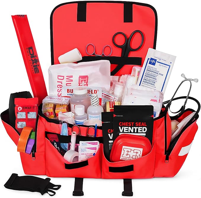 Fully Stocked EMT Trauma Bag – Tactical First Responder Medical Kit with Tourniquet, Vented Chest Seals, Hemostatic Gauze, Shears, Bandages & Bleeding Control Supplies – Red