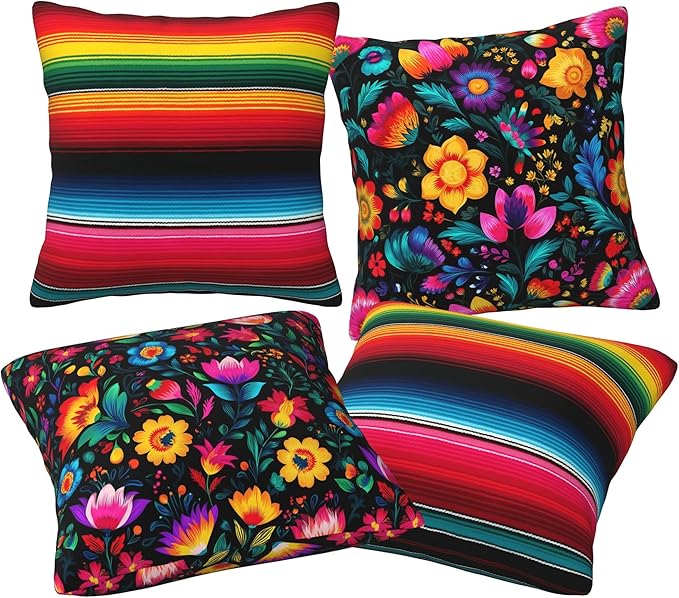 Mexico Flowers Throw Pillow Covers 18 X 18 Inch Set of 4 Decorative Cushion Cover Home Decor for Sofa Chair Couch Bedroom Living Room