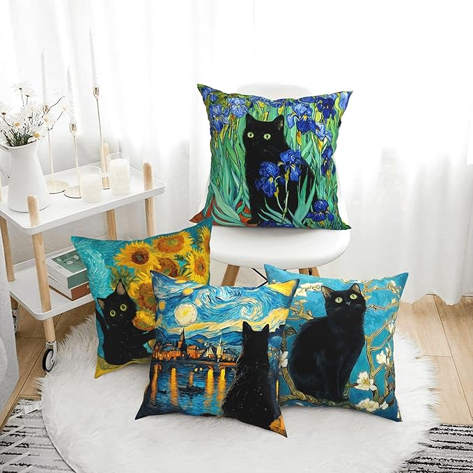 Black Cat Throw Pillow Covers 18 X 18 Inch Set of 4 Decorative Cushion Cover Home Decor for Sofa Chair Couch Bedroom Living Room