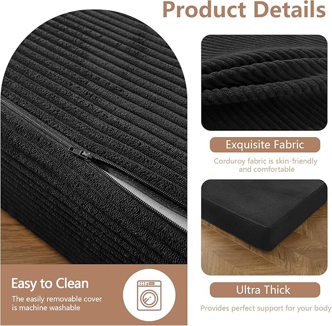 BYBYME Tri-Folding Corduroy Mattress, 6 Inch Gel Folding Mattress Topper, Foldable Soft Guest Bed Camping Pad, Washable Cover (Black, Full)