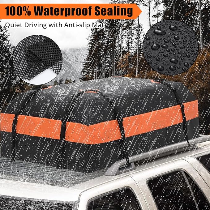 GarveeTech Car Rooftop Cargo Carrier Bag 15 Cubic Feet, Waterproof Roof Rack Cargo Bag for All Cars with/Without Rack, Waterproof Zip, 8 Reinforced Straps, 4 Door Hooks, Luggage Lock, Storage Bag