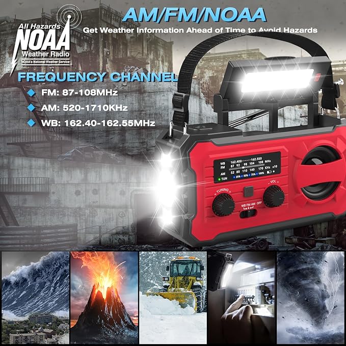 NITIGO 10000mAh Emergency Radio, NOAA Weather Radio with AM/FM, 37000mWh Rechargeable Phone Power, USB/Solar/Hand Crank Charging, LED Flashlight, SOS Alarm, Reading Lamp for Indoor/Outdoor Emergencies