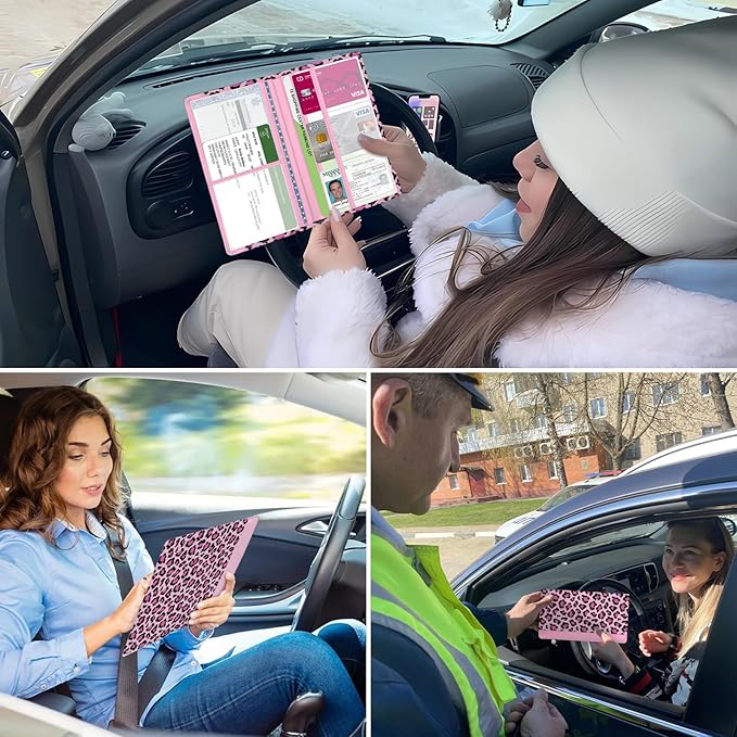 Car Registration and Insurance Holder, with Magnetic Closure for License, Cards and Documents, All Vehicle Needs and Car Accessories (Leopard-Pink)