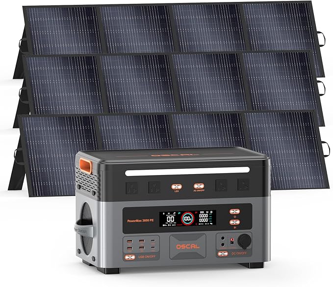 OSCAL 3600W Portable Power Station PowerMax 3600 PE with 3x200W Solar Panel, 2016Wh Solar Generator, 1500W AC Charging, LiFePO4 Battery Power Station for Home Use, Camping, RV, Emergency