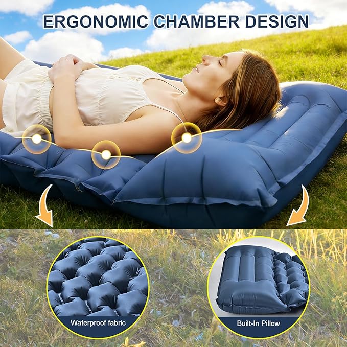 Camping Sleeping Pad | Ultra Lightweight & Compact | Ergonomic Camping Mattress for Indoor & Outdoor Use | Portable Sleeping Mat with Built-in Foot Pump & Pillow for Camping, Hiking, Travel & Guests
