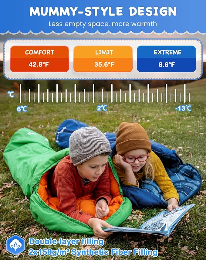 KingCamp 45°F Kids Sleeping Bag, Lightweight Waterproof & Compact Flannel Sleeping Bags Cold Weather & Warm Youth Essentials Gear Accessories for Camping, Fits 10-12 Children up to 4'7"-5'5" Tall