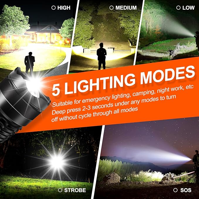 High Lumen Flashlight Rechargeable, 150000 Lumens Super Bright, 5 Modes & Adjustable Focus Zoomable, IP55 Waterproof & Shockproof Tactical Flashlight for Camping, Hiking, Emergency, Outdoor