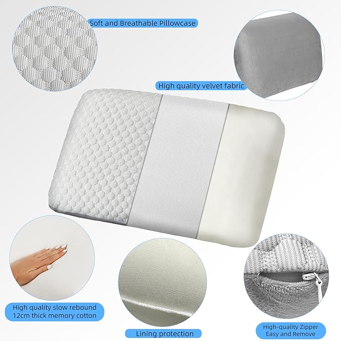 Crisonky Travel and Camping Pillow- Compressible Medium Firm Memory Foam Pillow with Carry Bag for Backpacking & Airplane, Lumbar Support. Breathable Cooling Fabric, Washable Pillowcase (Royal Silver)