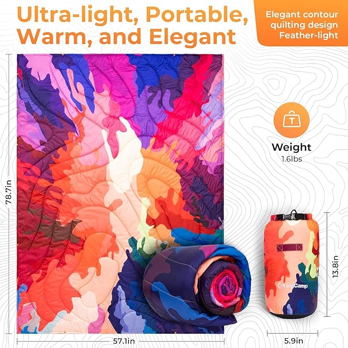 KingCamp Ultralight Camping Blanket, Packable Down Alternative Puffy Printed Wearable Blanket with Snap Buttons & Corner Loops Weatherproof Quilt for Outdoor Travel Stadium (79" L x 57" W, Colorful)