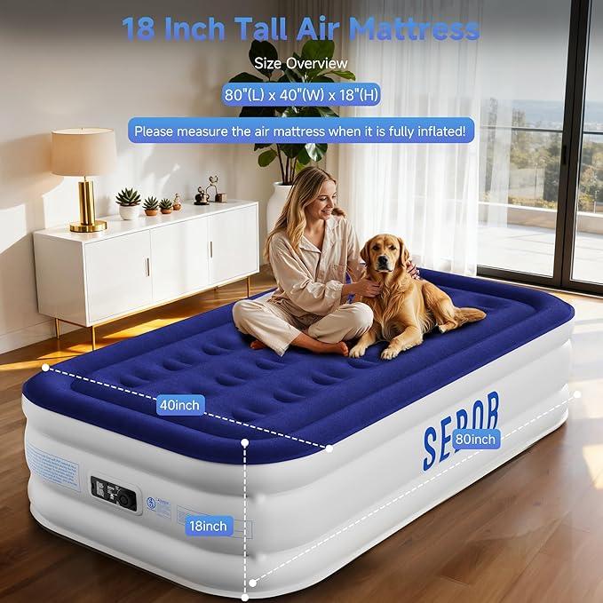Sebor Air Mattress Twin with Built-in Pump 18", Comfortable Self-Inflating Air Mattress with High-Speed Pump, Durable Blow Up Mattress Twin with Storage Bag for Guests, Camping, Travel