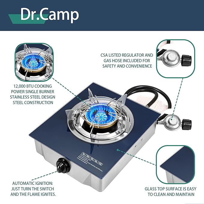Dr.Camp Propane Gas Stove 12000 BTU Single Burner Glass Top Outdoor Camping Stove with CSA Listed Regulator and Gas Hose