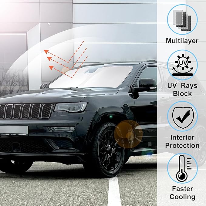 Windshield Sun Shade Custom Fit 2011-2018 2019 2020 2021 2022 2023 2024 2025 2026 Jeep Grand Cherokee Accessories (NOT for Grand Cherokee L & Jeep Cherokee) Foldable Front Window Sunshade