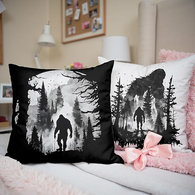 Funny Bigfoot Sasquatch Forest Throw Pillow Covers 18x18 Set of 2,Camper Decor Pillowcase,Big Foot Sasquatch Gifts,Camping Camper Bigfoot Gifts for Women（89）